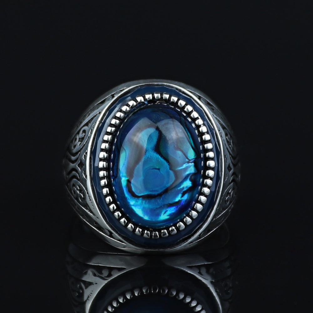 925 Sterling Silver Abalone Pearl Men Signet Ring