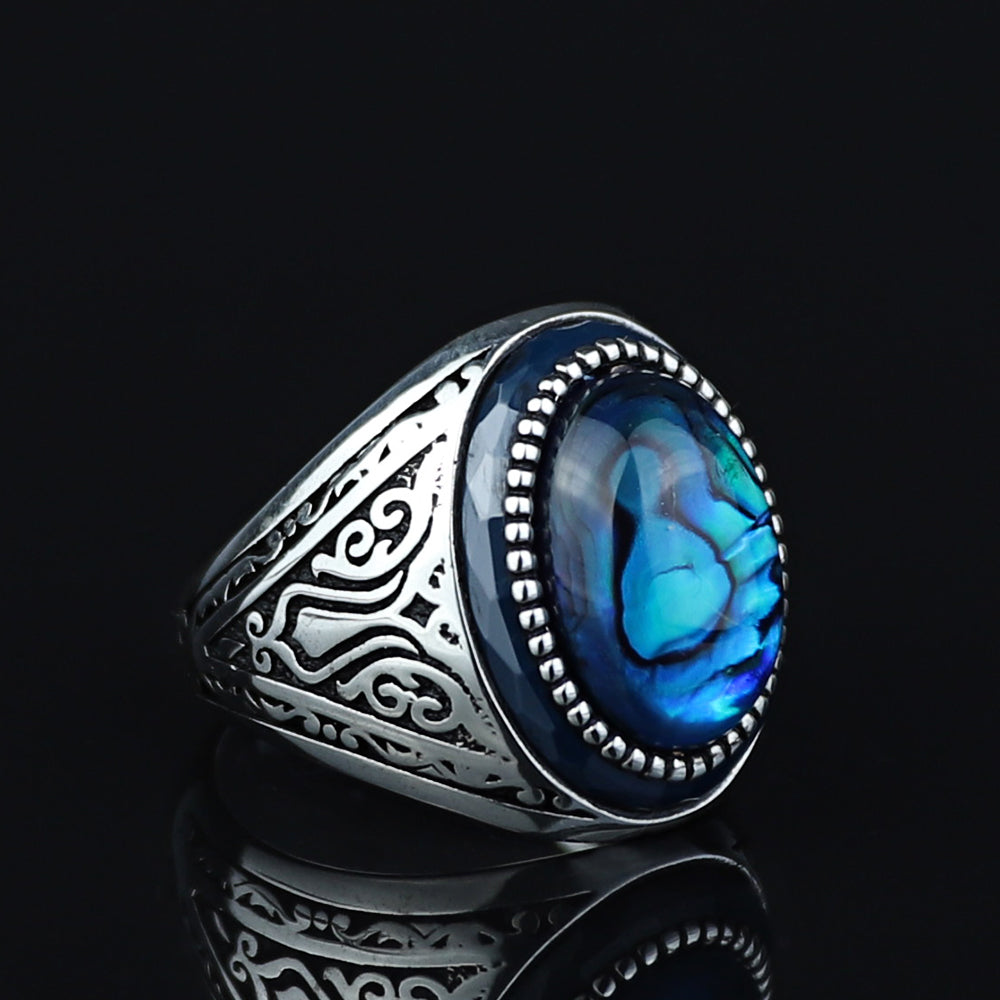 925 Sterling Silver Abalone Pearl Men Signet Ring