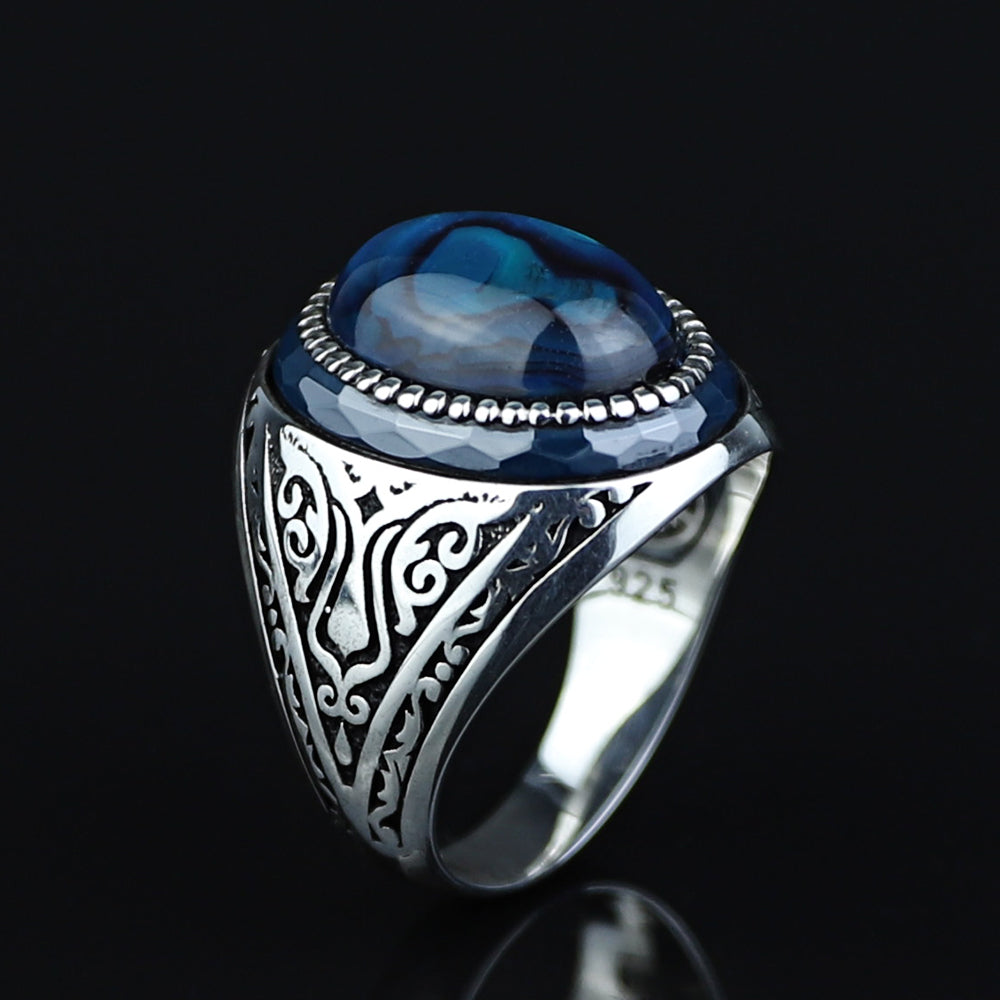 925 Sterling Silver Abalone Pearl Men Signet Ring