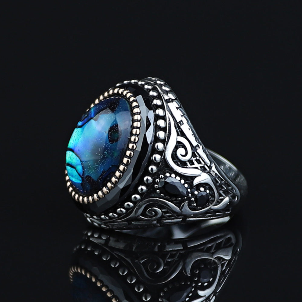 925K Sterling Silver Men Silver Abalone Shell Pearl Stone Silver Ring