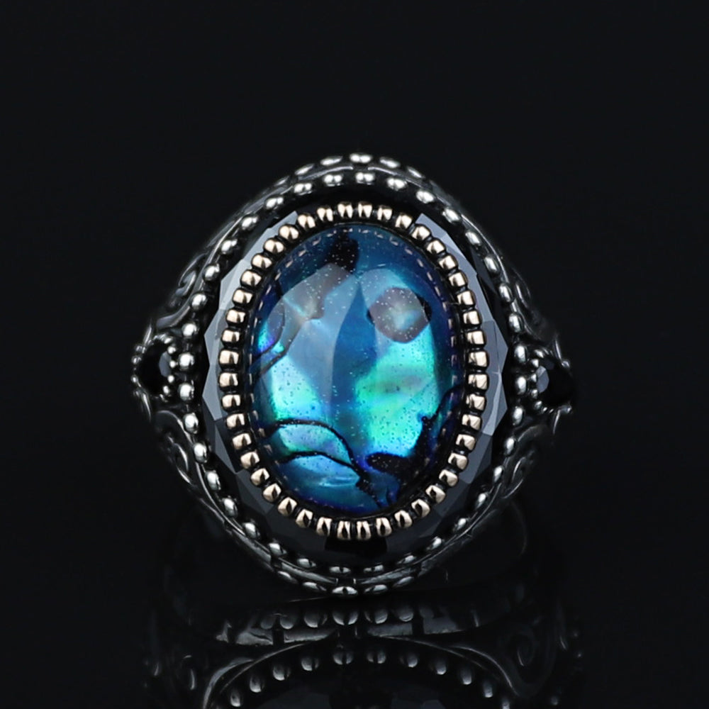 925K Sterling Silver Men Silver Abalone Shell Pearl Stone Silver Ring