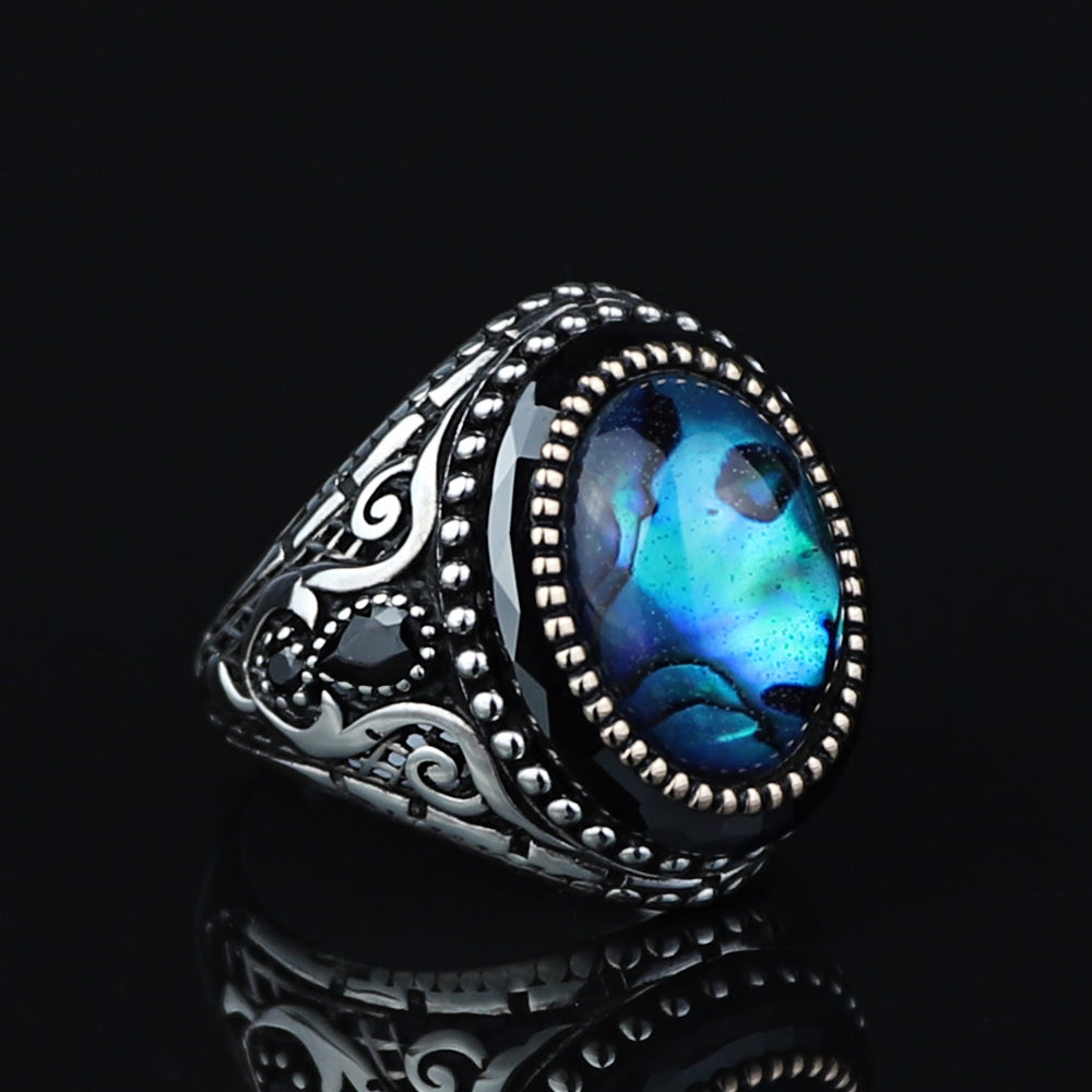 925K Sterling Silver Men Silver Abalone Shell Pearl Stone Silver Ring