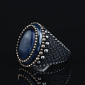 925 Sterling Silver Men Blue Tiger Eye Gemstone Engraved Ring