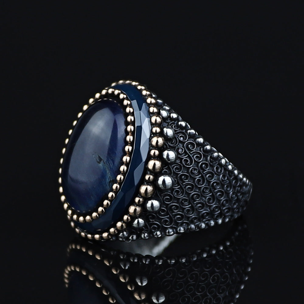 925 Sterling Silver Men Blue Tiger Eye Gemstone Engraved Ring