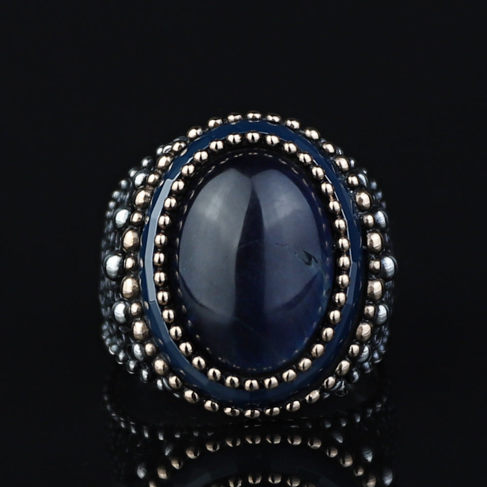 925 Sterling Silver Men Blue Tiger Eye Gemstone Engraved Ring