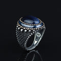 925 Sterling Silver Men Blue Tiger Eye Gemstone Engraved Ring