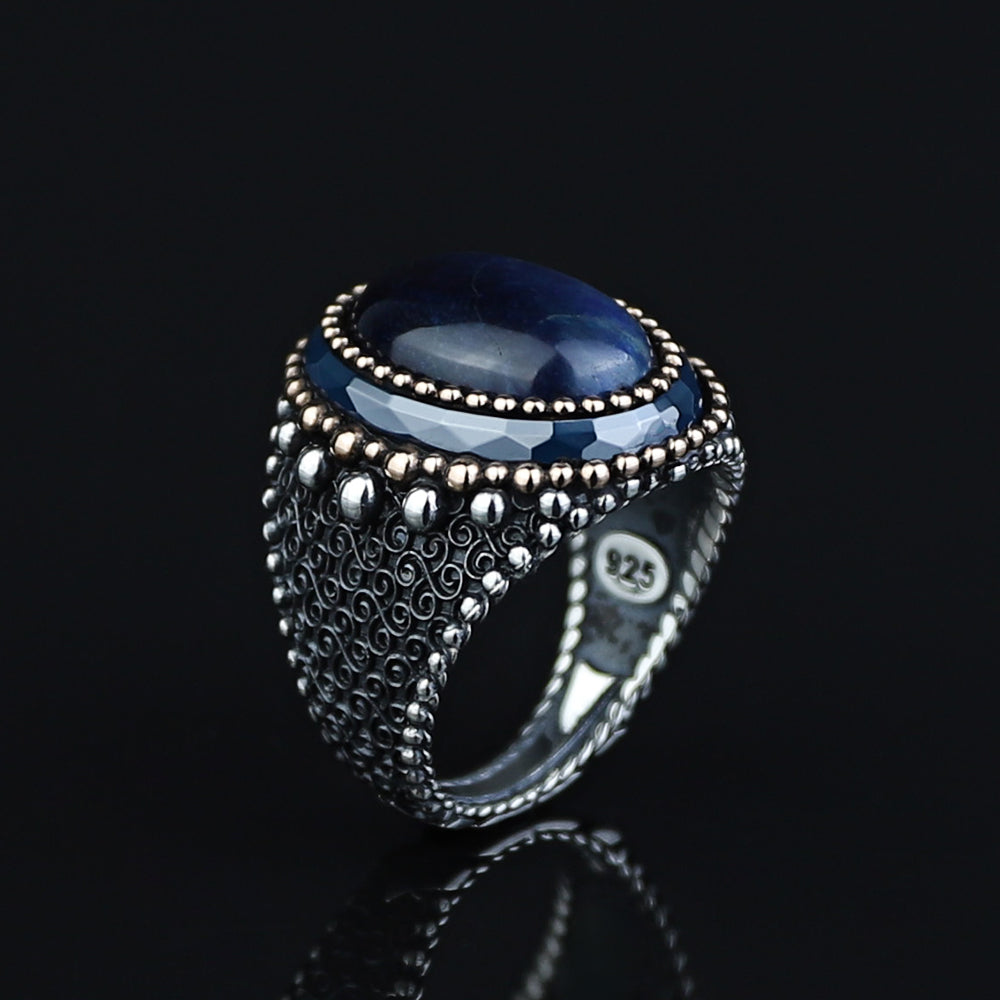 925 Sterling Silver Men Blue Tiger Eye Gemstone Engraved Ring