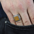 925 Silver Men Square Brown Tiger Eye Gemstone Ring