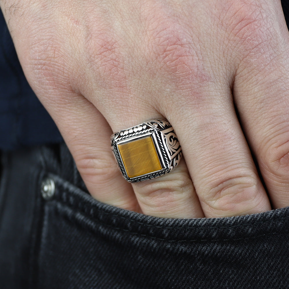925 Silver Men Square Brown Tiger Eye Gemstone Ring
