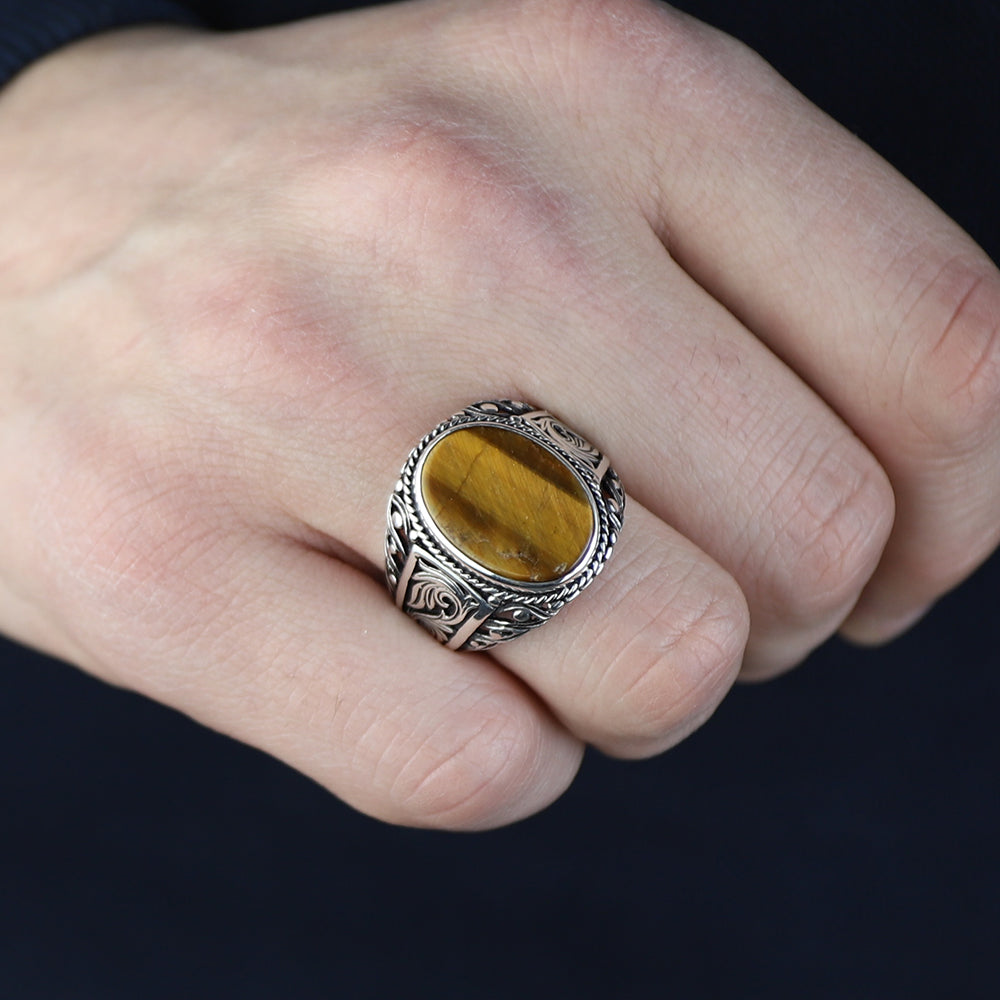 925 Sterling Silver Brown Oval Tiger Eye Gemstone Ring