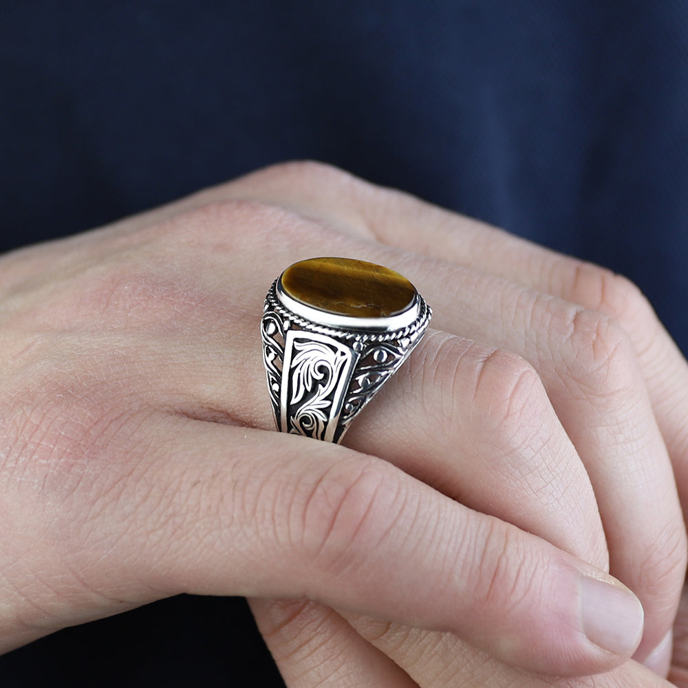 925 Sterling Silver Brown Oval Tiger Eye Gemstone Ring