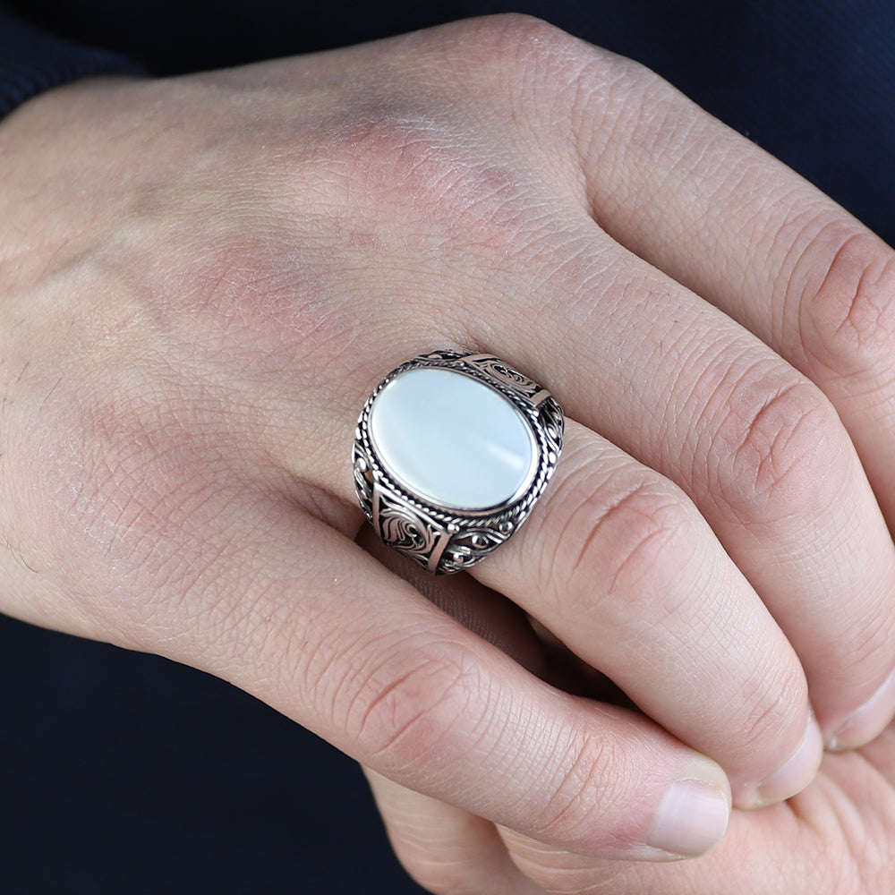 925 Men Sterling Silver Mother Of Pearl Gemstone Signet Ring