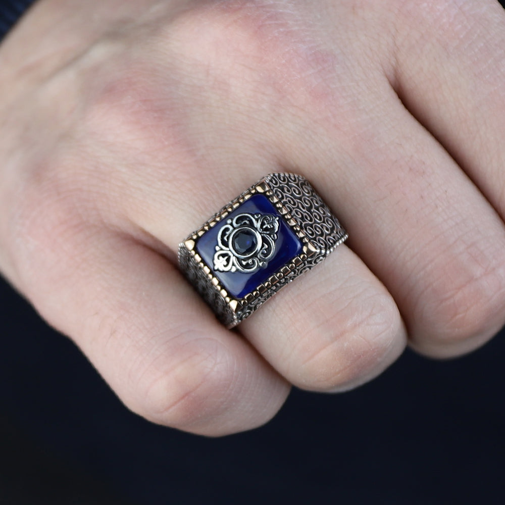 925 Sterling Silver Men Blue Sapphire Gemstone Ring