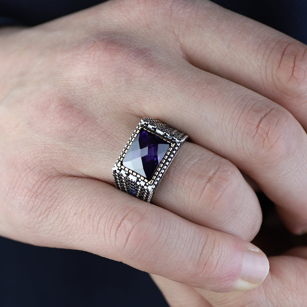 925 Sterling Silver Men Minimal Purple Amethyst Gemstone Ring