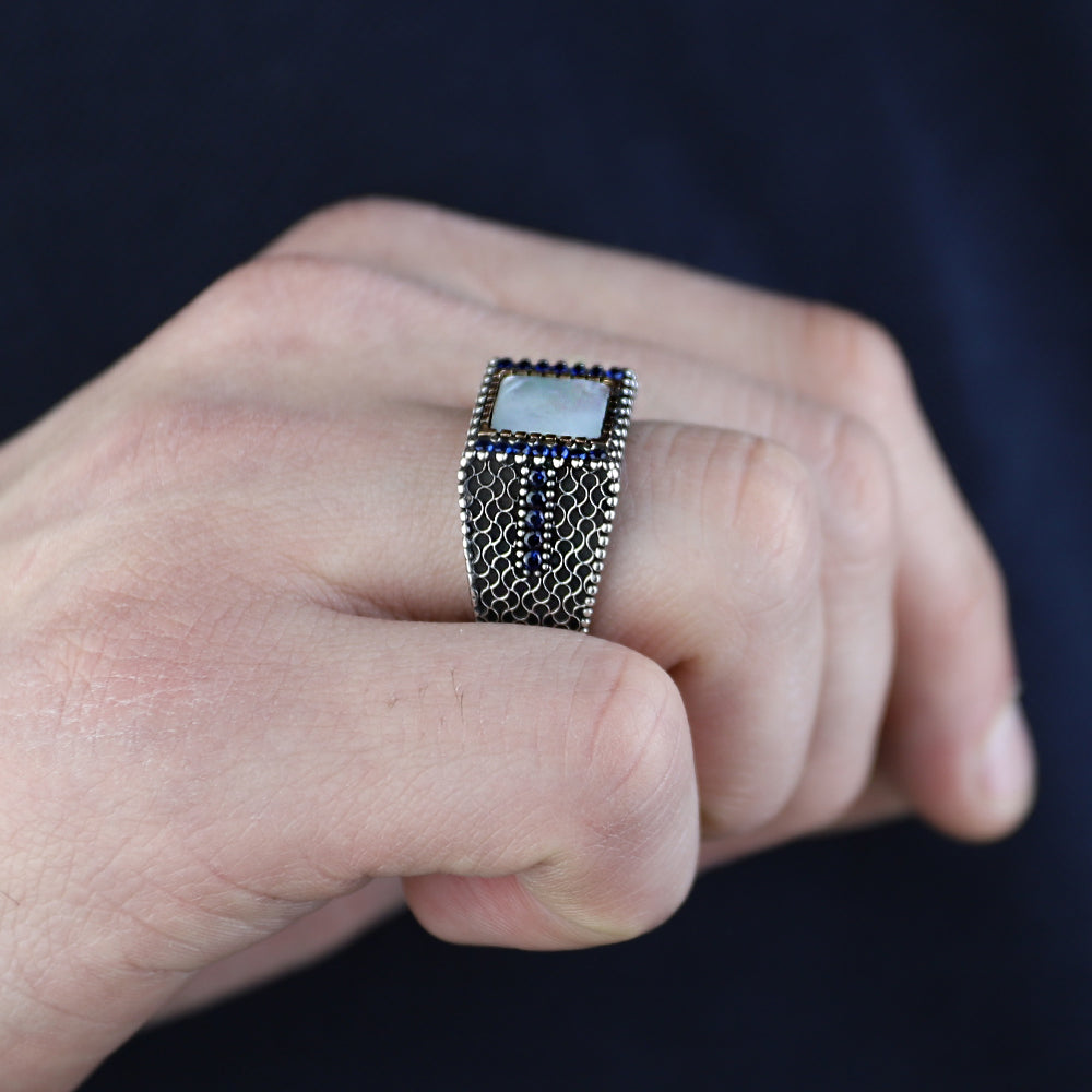 925 Sterling Silver Square Mother Of Pearl Gemstone Signet Ring