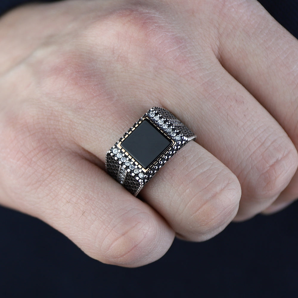 925 Silver Men Handmade Minimal Square Onyx Ring