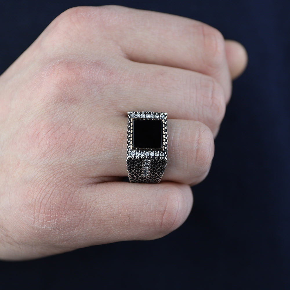 925 Silver Men Handmade Minimal Square Onyx Ring
