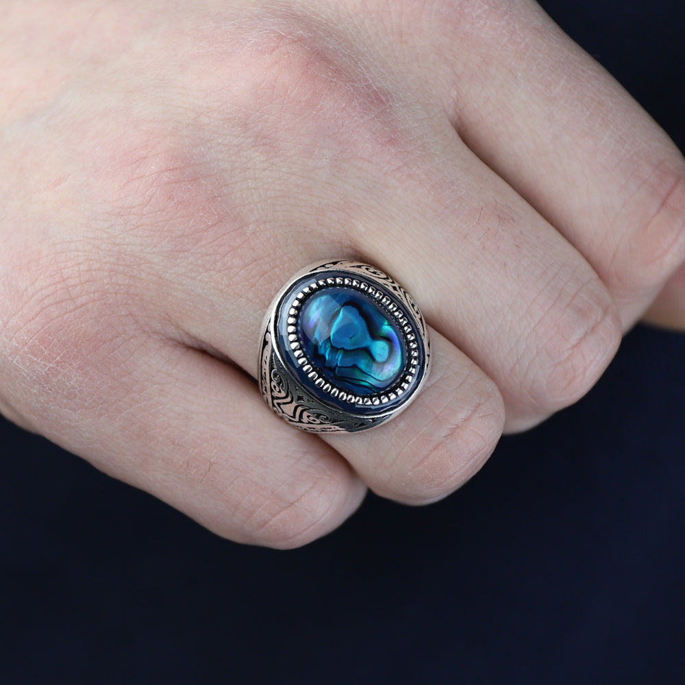 925 Sterling Silver Abalone Pearl Men Signet Ring