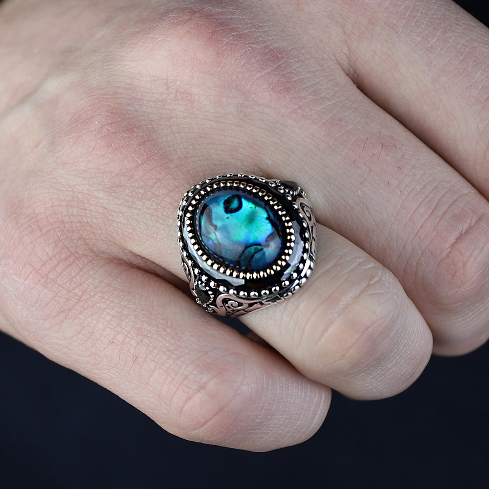 925K Sterling Silver Men Silver Abalone Shell Pearl Stone Silver Ring