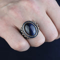 925 Sterling Silver Men Blue Tiger Eye Gemstone Engraved Ring