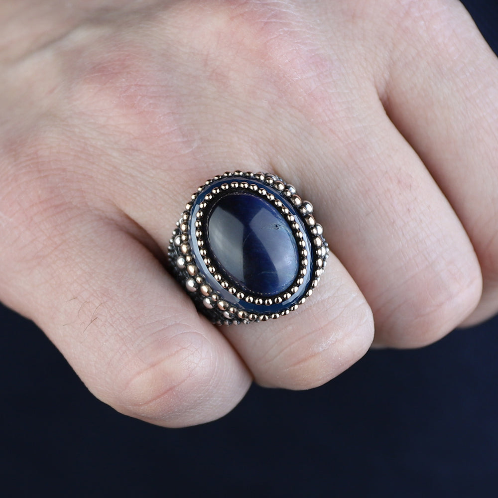 925 Sterling Silver Men Blue Tiger Eye Gemstone Engraved Ring