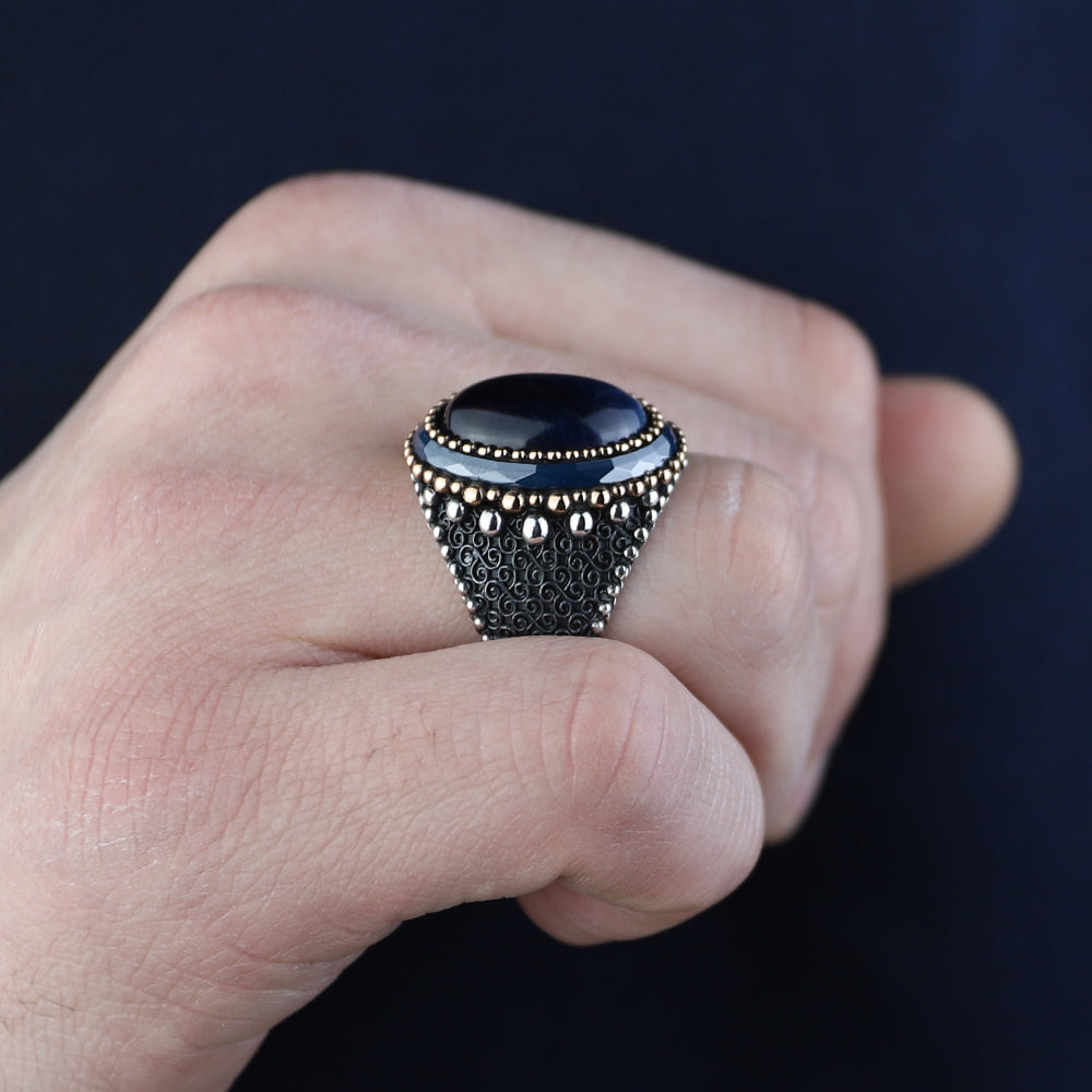 925 Sterling Silver Men Blue Tiger Eye Gemstone Engraved Ring