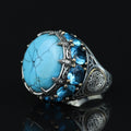 Silver Large Natural Turquoise Solomon Ring, Mens Solomon Signet Ring, Round Engraved Ring