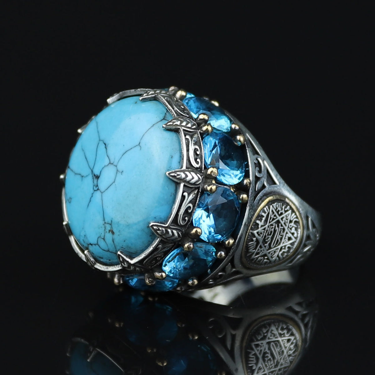 Silver Large Natural Turquoise Solomon Ring, Mens Solomon Signet Ring, Round Engraved Ring
