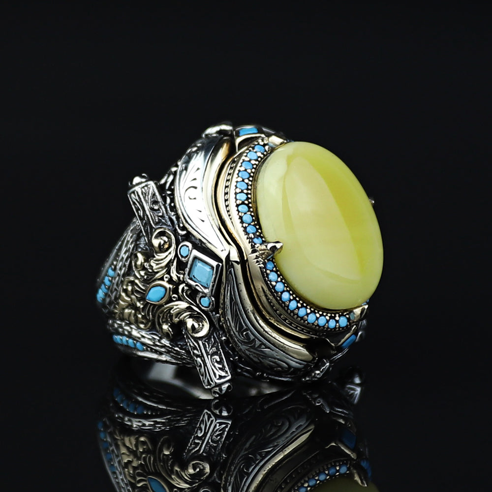 925 Men Sterling Silver Natural Yellow Agate Gemstone Handmade Ring