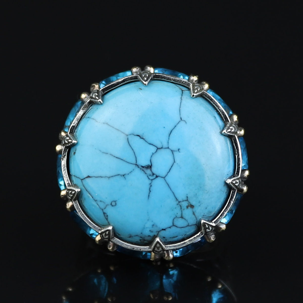 Silver Large Natural Turquoise Solomon Ring, Mens Solomon Signet Ring, Round Engraved Ring
