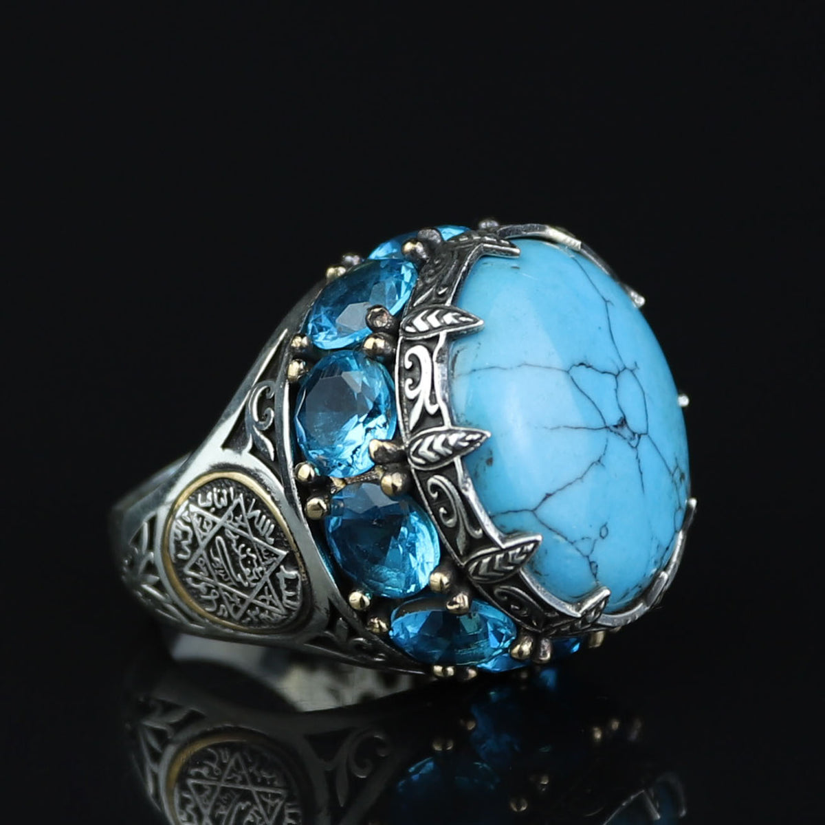 Silver Large Natural Turquoise Solomon Ring, Mens Solomon Signet Ring, Round Engraved Ring