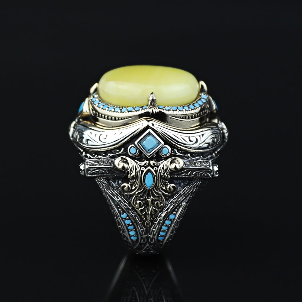925 Men Sterling Silver Natural Yellow Agate Gemstone Handmade Ring