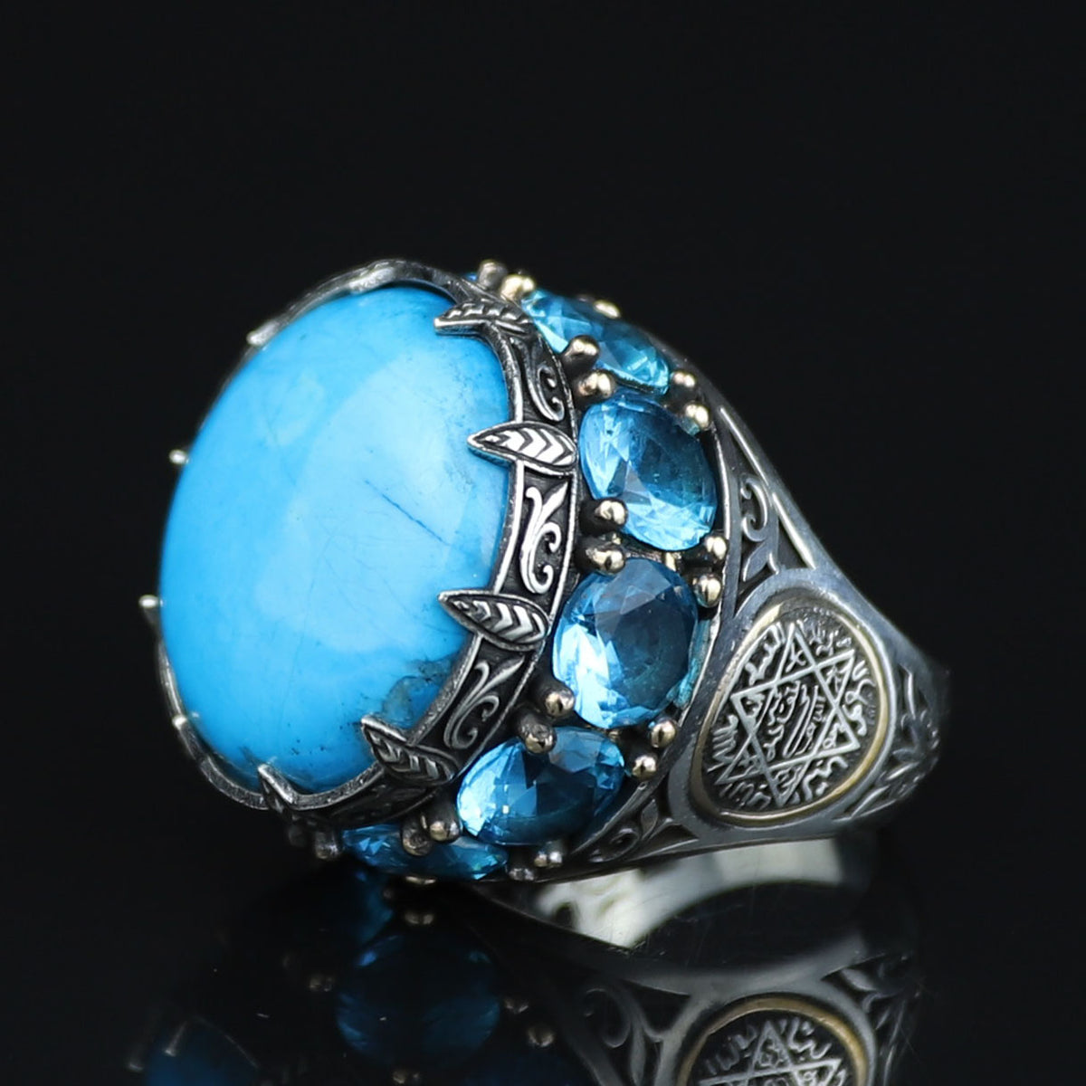 Silver Large Natural Turquoise Solomon Ring, Mens Solomon Signet Ring, Round Engraved Ring