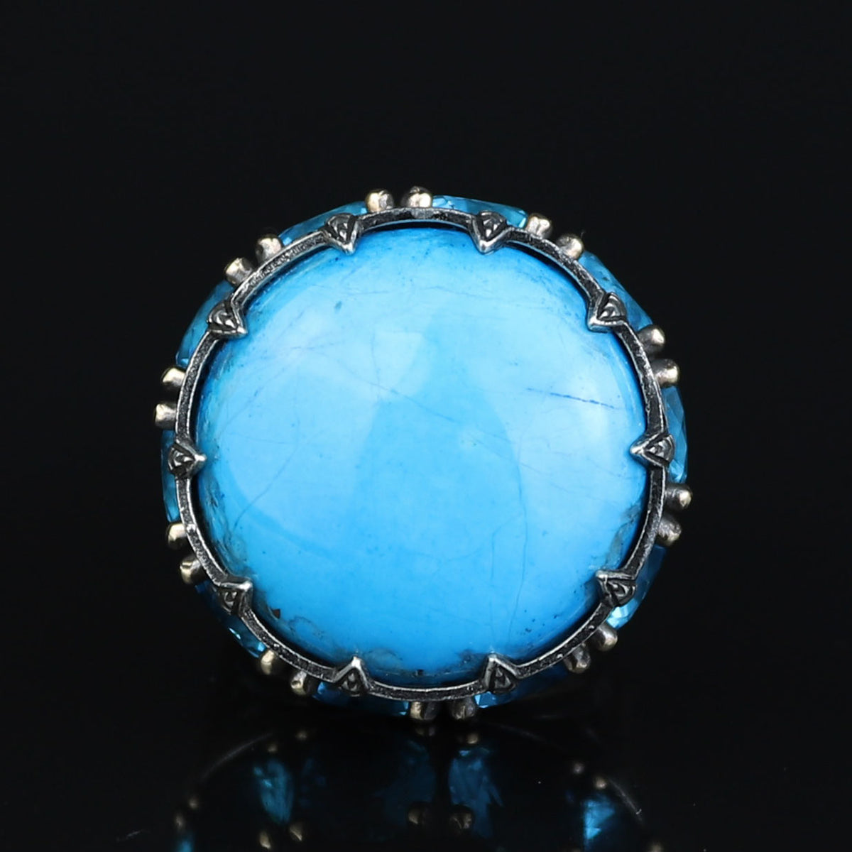Silver Large Natural Turquoise Solomon Ring, Ottoman Style Mens Solomon Signet Ring, Round Engraved Ring