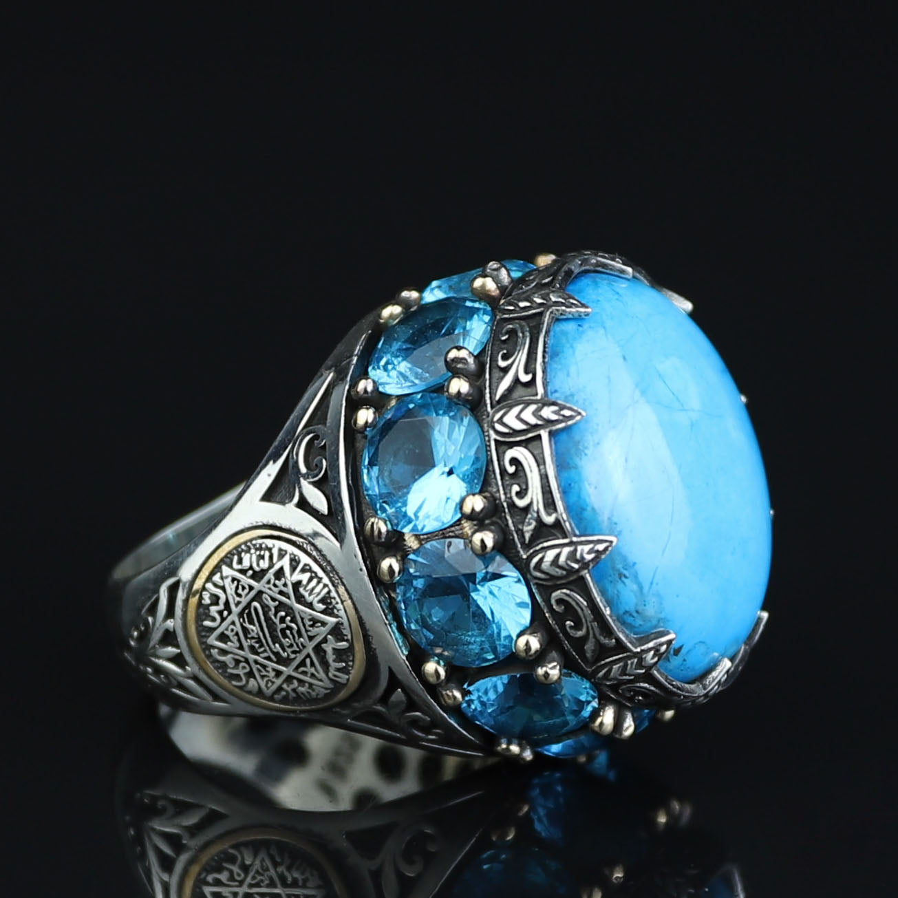 Silver Large Natural Turquoise Solomon Ring, Ottoman Style Mens Solomon Signet Ring, Round Engraved Ring
