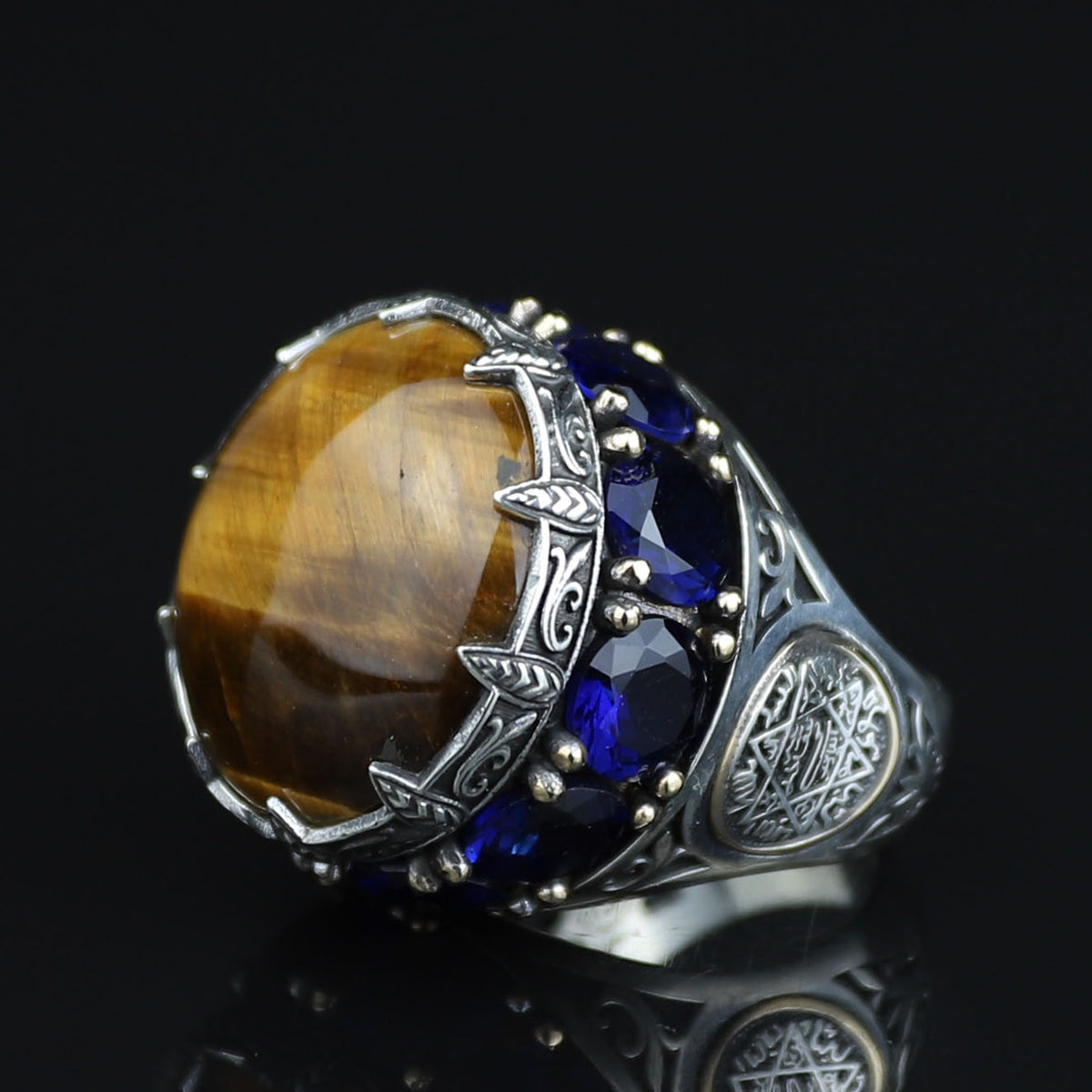 Silver Tiger Eye Large Turkish Handmade Ring Solomon Signet Ottoman Mens Ring
