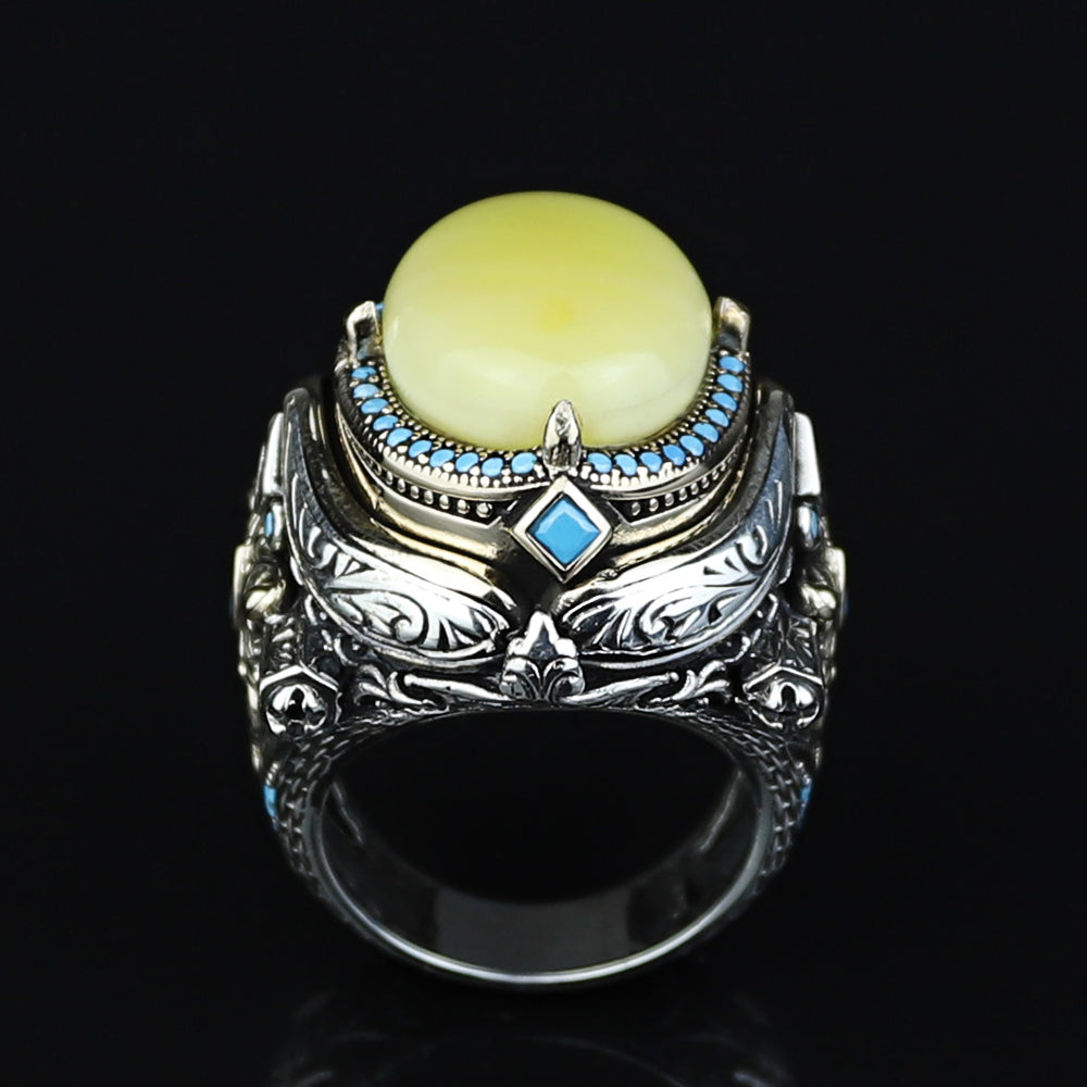 925 Men Sterling Silver Natural Yellow Agate Gemstone Handmade Ring