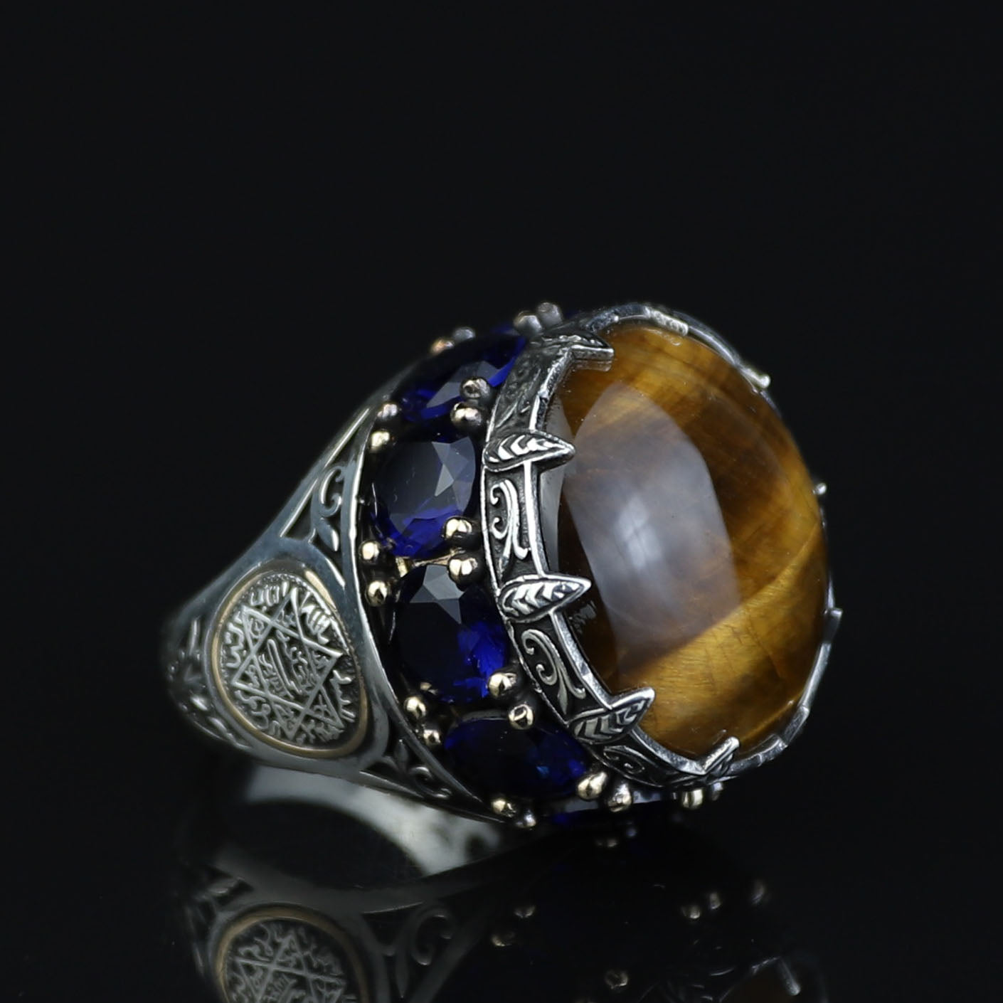 Silver Tiger Eye Large Turkish Handmade Ring Solomon Signet Ottoman Mens Ring