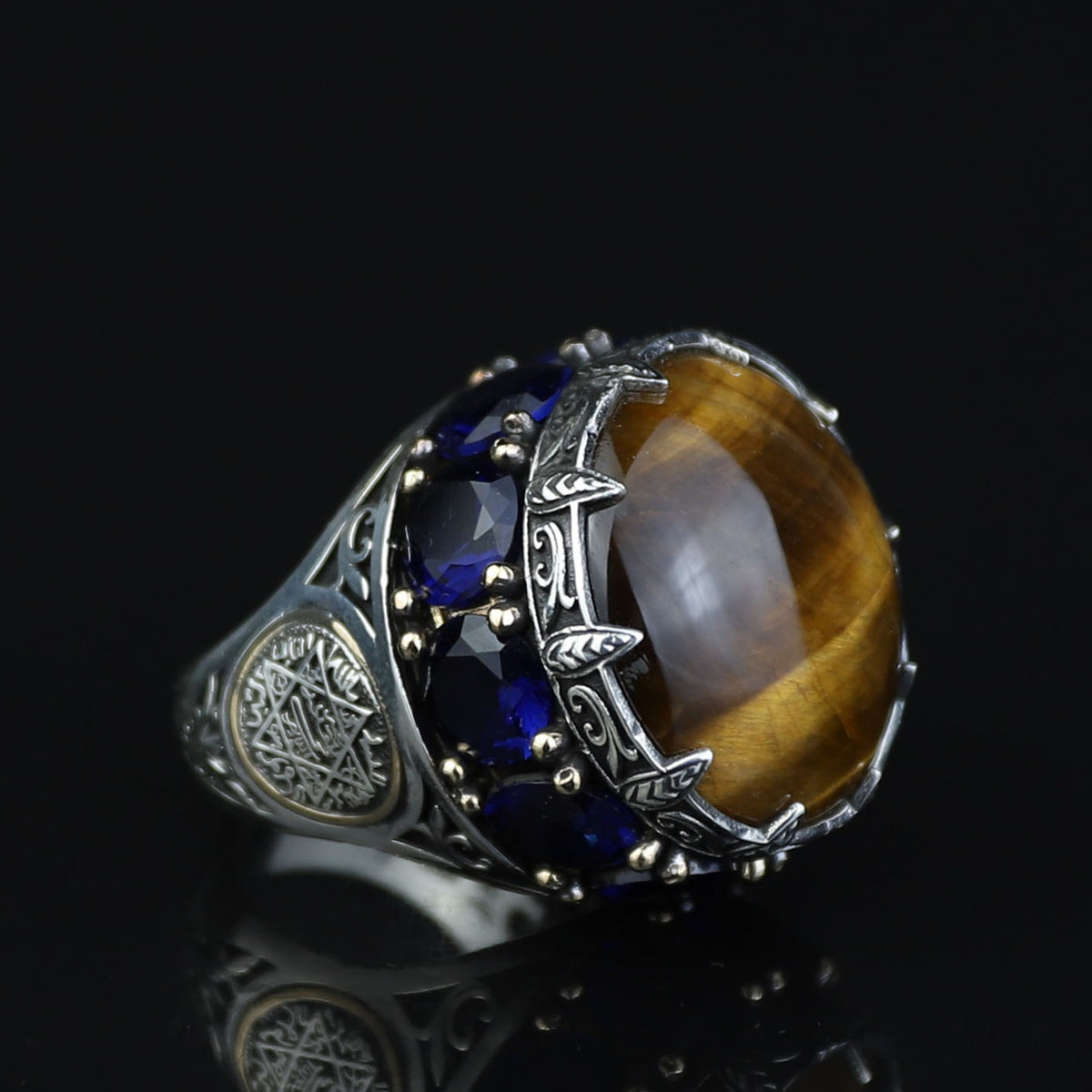 Silver Tiger Eye Large Turkish Handmade Ring Solomon Signet Ottoman Mens Ring