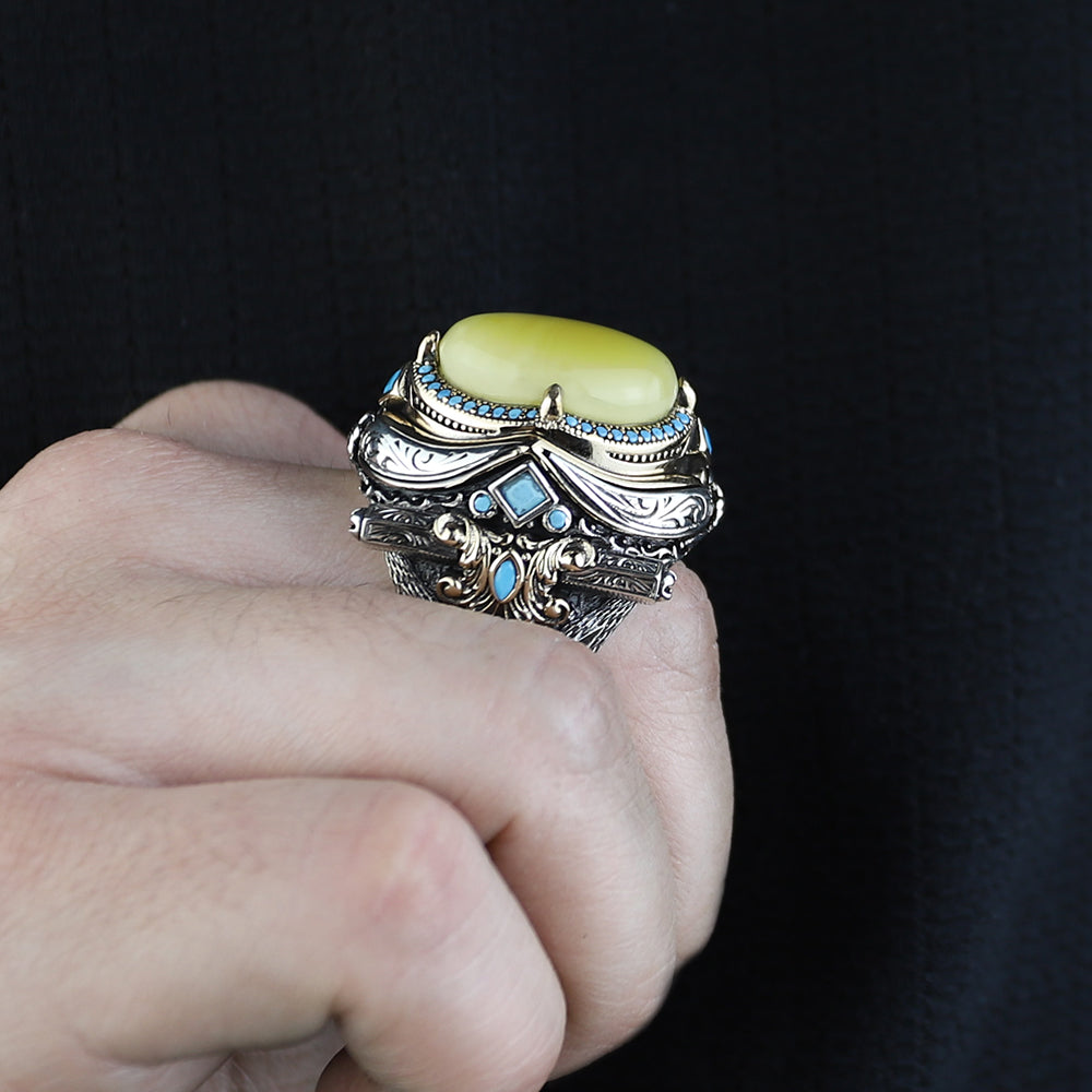 925 Men Sterling Silver Natural Yellow Agate Gemstone Handmade Ring