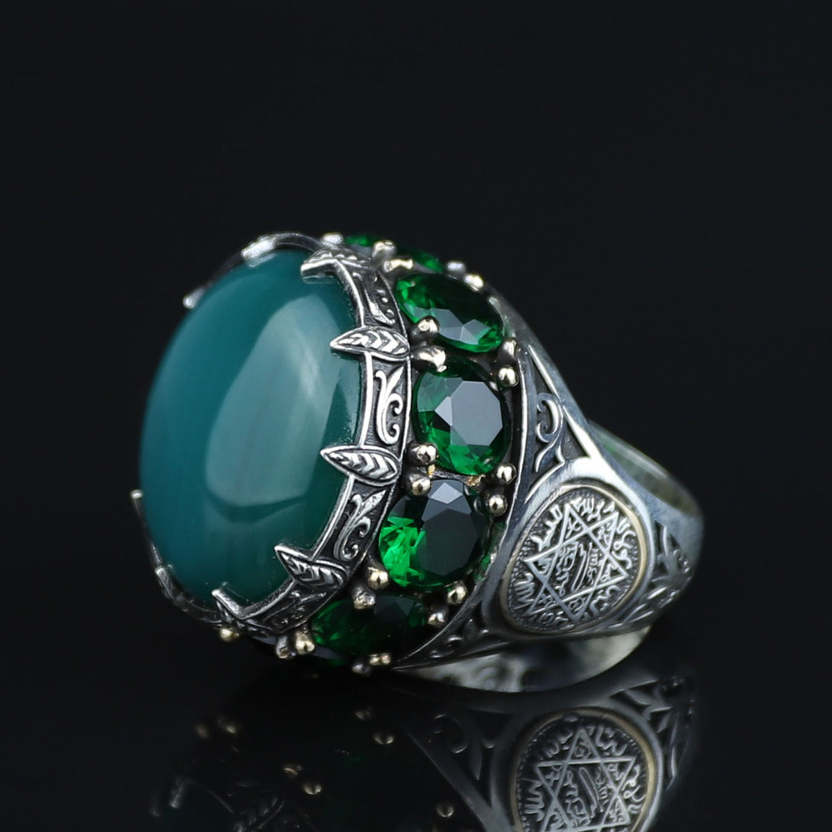 Mens Handmade Ring, Green Agate Ring, Solomon Signet Large Turkish Handmade Silver Men Ring