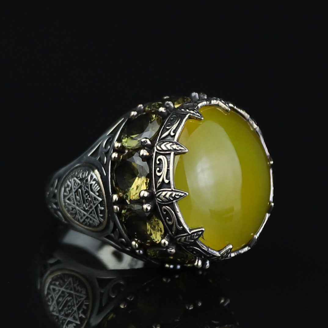 Men Handmade Ring, Yellow Agate 925 Silver Ring, Large Solomon Aqeeq Gemstone Ring , Genuine Yellow Agate Men Vintage Ring