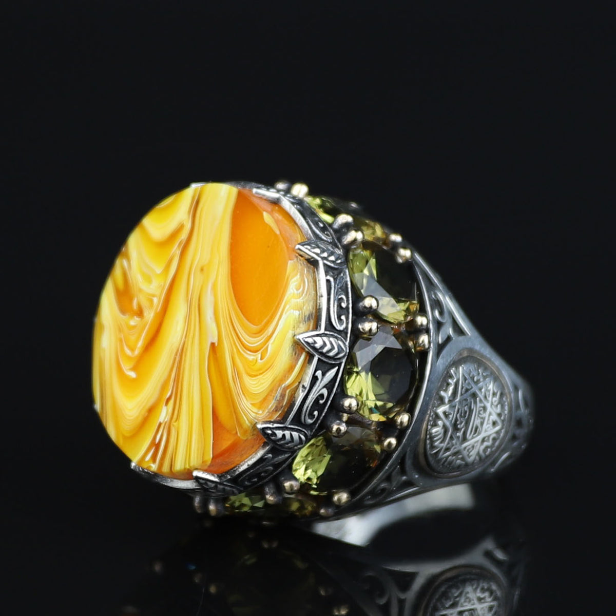 Men Handmade Large Yellow Agate Ring, Solomon Signet Large Natural Aqeeq Gemstone Ring