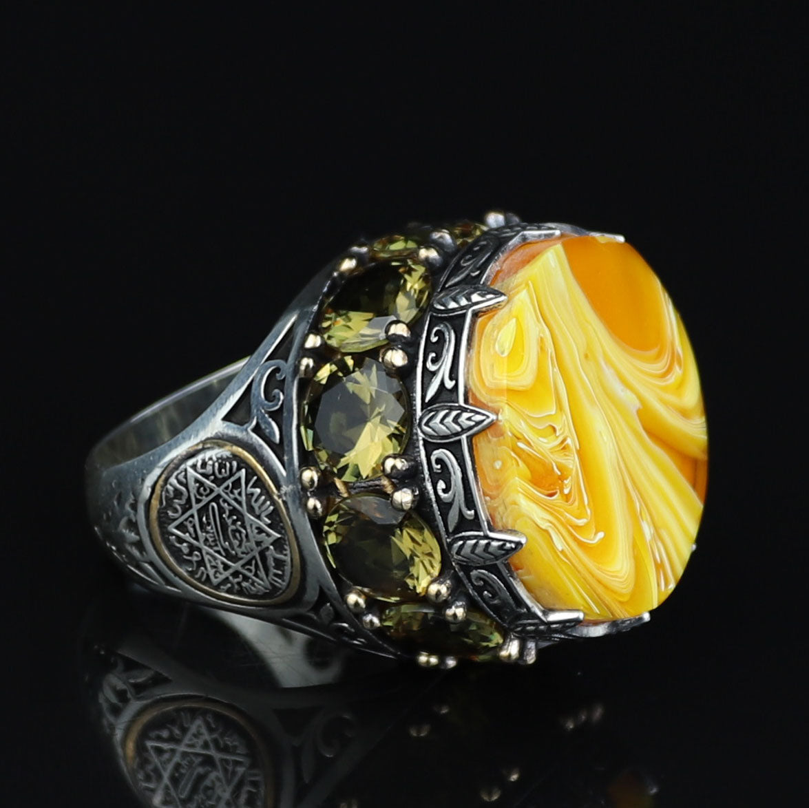 Men Handmade Large Yellow Agate Ring, Solomon Signet Large Natural Aqeeq Gemstone Ring
