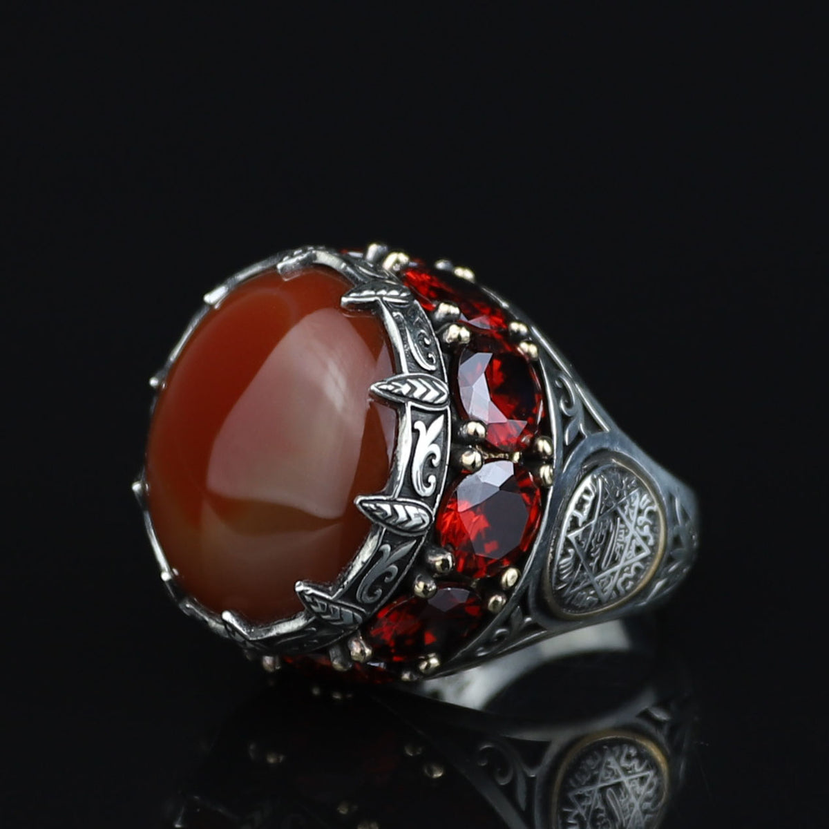925 Sterling Silver Solomon Signet Red Agate Ring , Round Ruby And Agate Gemstone Ring