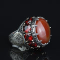 925 Sterling Silver Solomon Signet Red Agate Ring , Round Ruby And Agate Gemstone Ring