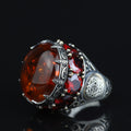 Natural Amber Stone Ring , Solomon Signet Sterling Silver Large Amber Stone Ring , Ottoman Style Silver Ring