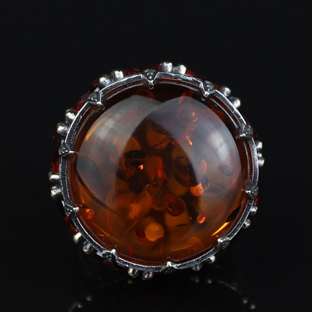 Natural Amber Stone Ring , Solomon Signet Sterling Silver Large Amber Stone Ring , Ottoman Style Silver Ring
