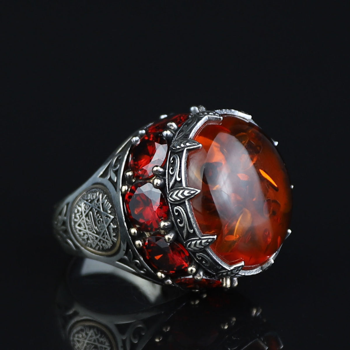 Natural Amber Stone Ring , Solomon Signet Sterling Silver Large Amber Stone Ring , Ottoman Style Silver Ring