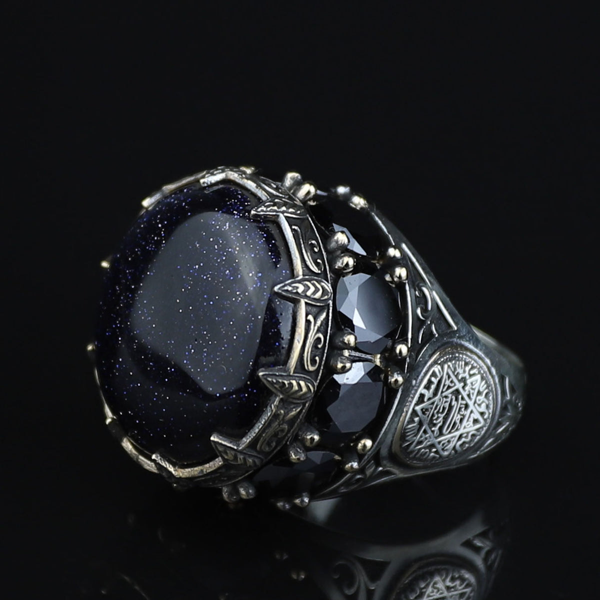 Large Star Stone Ring, Solomon Signet Men Silver Natural Large Black Star Gems Ring , Men BİG Ring, Ottoman Jewelry Ring